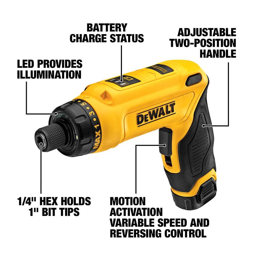 Destornillador Giroscópico Inalámbrico 8V MAX con Mango Ajustable, (2) Baterías de 1.0Ah, Cargador y Bolsa DCF680N2