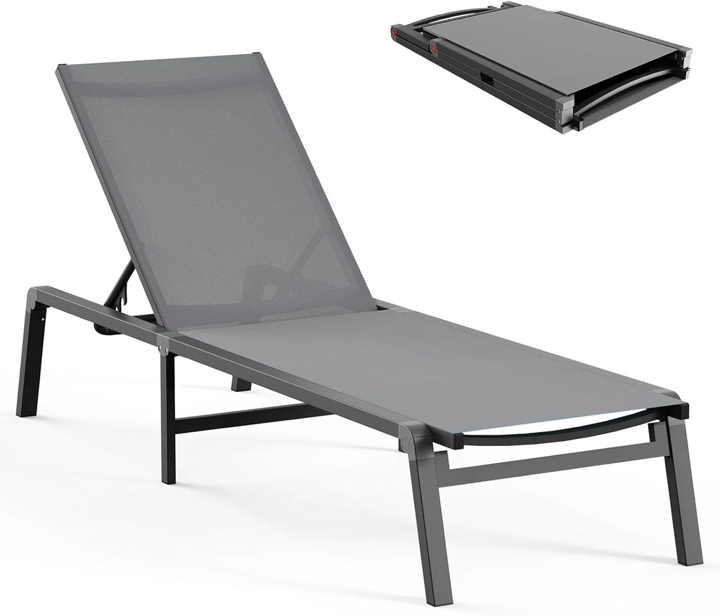 Tumbona de Aluminio para Exterior – Silla de Jardín Plegable sin Montaje, con Respaldo Ajustable en 5 Posiciones, para Terraza, Piscina, Playa – Negra