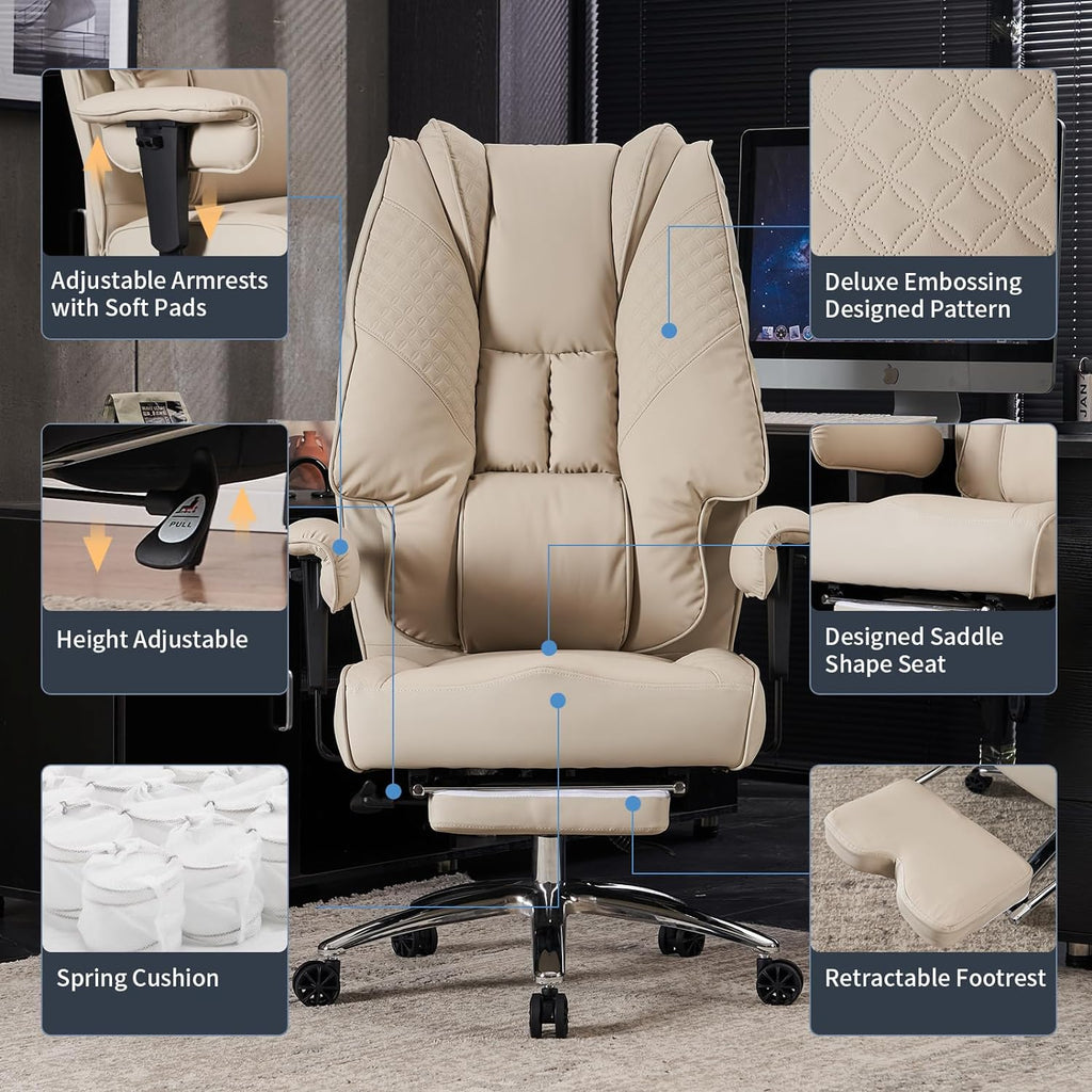 Silla de Oficina Alta y Ancha para 400 lbs, Silla Ejecutiva de Cuero con Respaldo Alto y Reposapiés, Silla Ergonómica con Soporte Lumbar para Aliviar el Dolor de Espalda Baja (Beige)