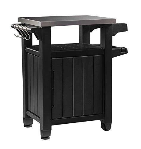 Keter Unity Mesa Portátil para Exterior y Gabinete de Almacenamiento con Ganchos para Accesorios de Parrilla - Superficie de Acero Inoxidable para Isla de Cocina o Carro de Bar en Patio, Gris Oscuro