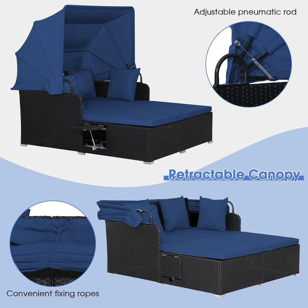 RELAX4LIFE Cama de Jardín Exterior con Dosel, Tumbona de Resina Trenzada con Cojines, 4 Almohadas y 2 Bandejas Laterales Retráctiles, Cama Lounge para 2 Personas para Piscina, Porche, Jardín, Cama de Exterior de Ratán (Turquesa)