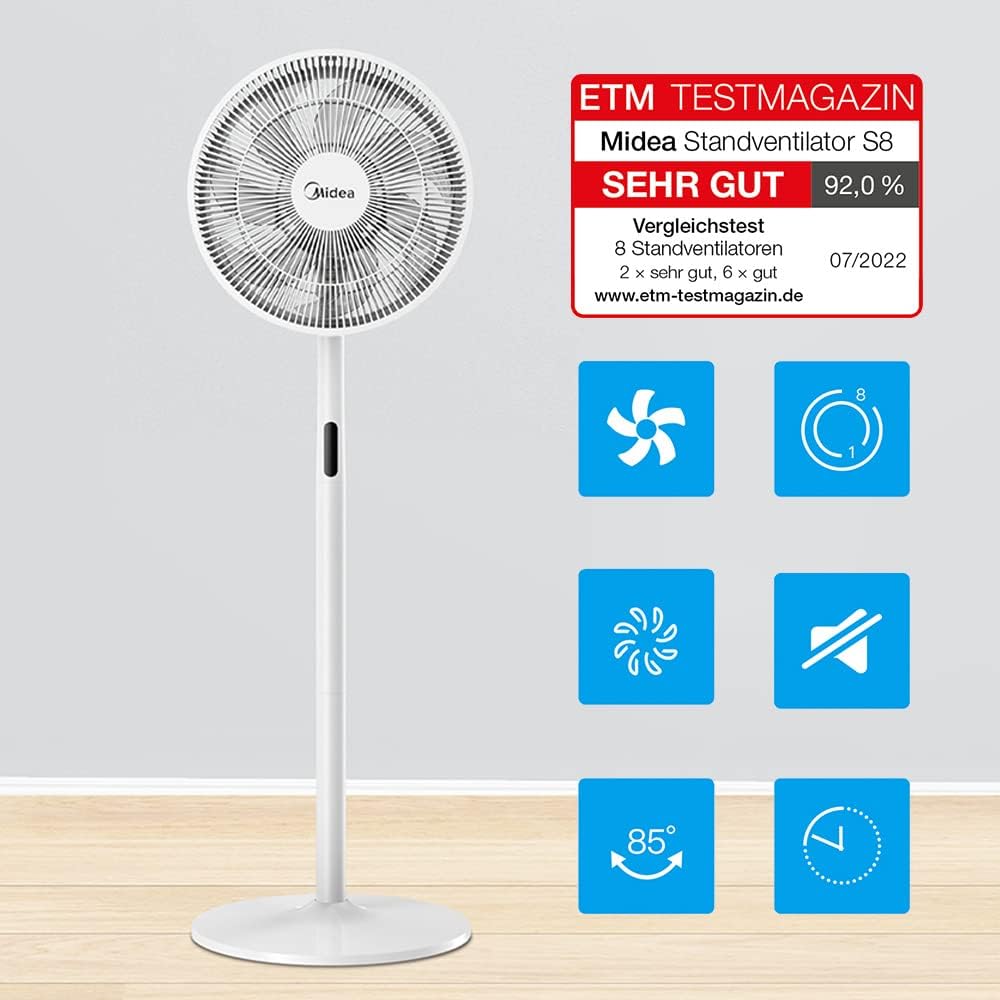 Ventilador de Pie MIDEA 12 Velocidades con Control Remoto – Ventilador Silencioso con Oscilación de 120º + 135º – Ventilador con Temporizador, Filtro y Doble Aspa – Flujo de Aire hasta 24 metros