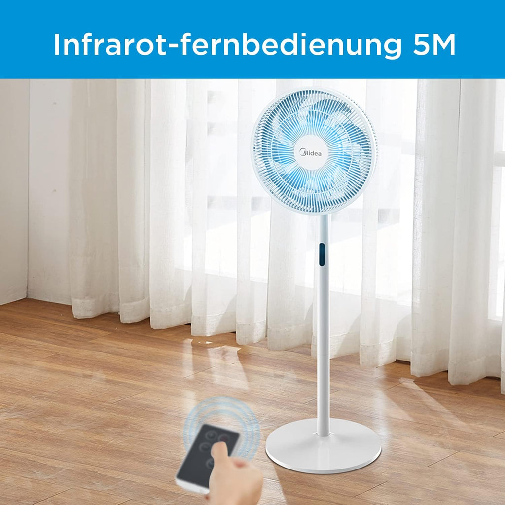 Ventilador de Pie MIDEA 12 Velocidades con Control Remoto – Ventilador Silencioso con Oscilación de 120º + 135º – Ventilador con Temporizador, Filtro y Doble Aspa – Flujo de Aire hasta 24 metros