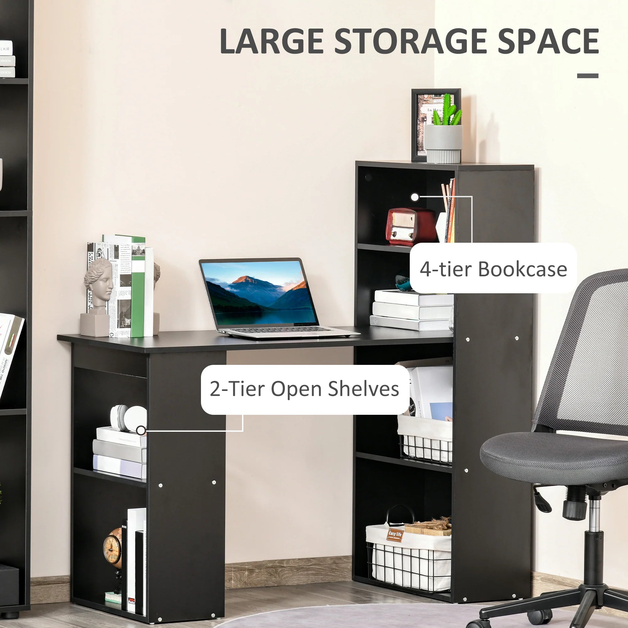 Escritorio de Ordenador Moderno de 120 cm con Estantería, Mesa de Estudio y Estación de Trabajo con 6 Estantes, Negro