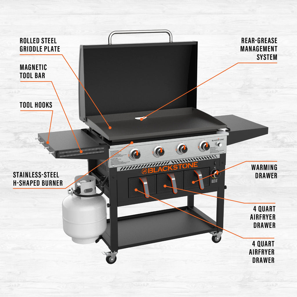 2025 Plancha Blackstone de 36" con 4 quemadores a gas propano, freidora de aire y tapa