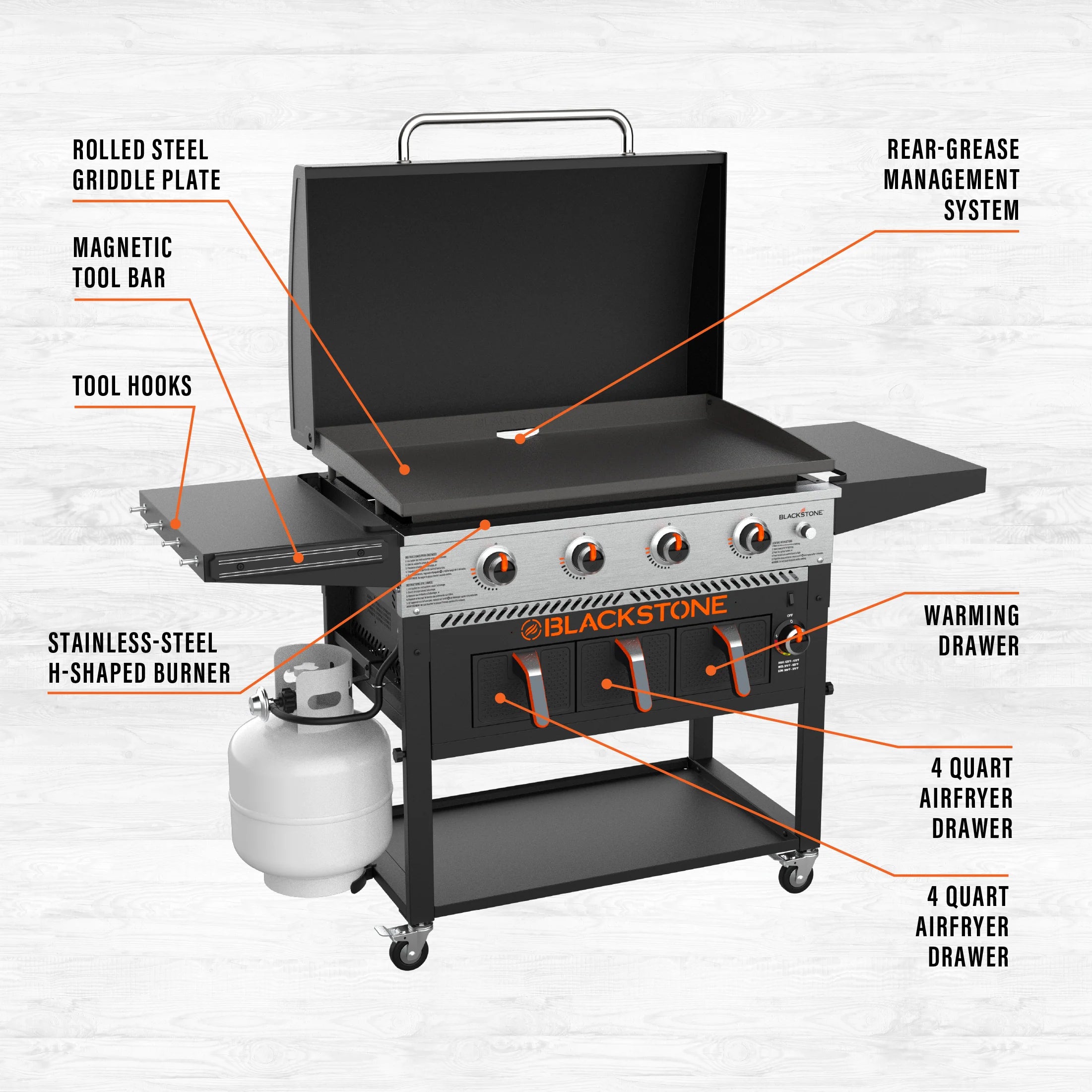 2025 Plancha Blackstone de 36" con 4 quemadores a gas propano, freidora de aire y tapa