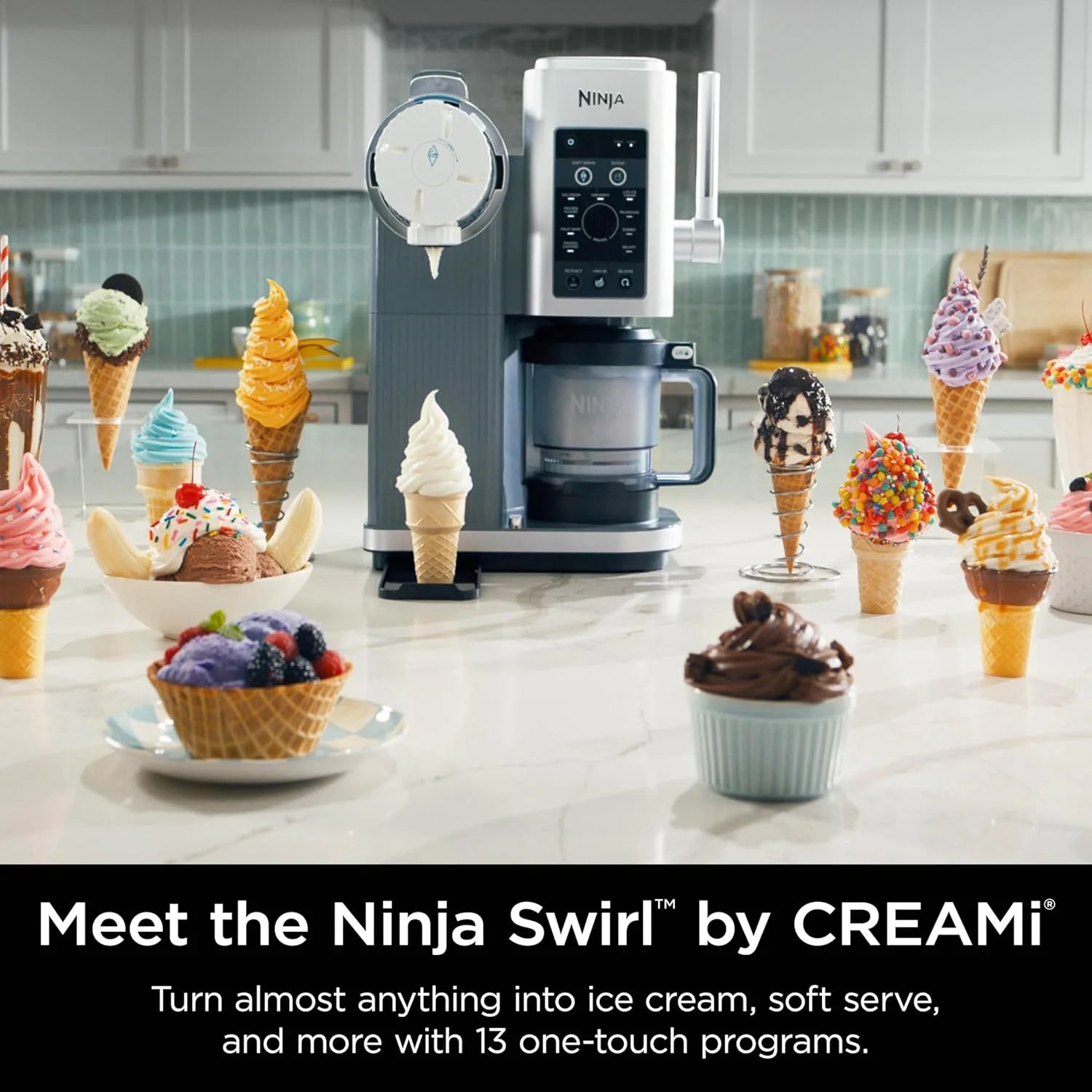 2025 Máquina de helados y crema suave Ninja Swirl by CREAMi, sorbetes, batidos, yogur helado, programa bajo en calorías y más, 13 en 1, con palanca de crema suave, (2) recipientes CREAMi Swirl de 16 oz, para niños y todas las edades, modelo NC701