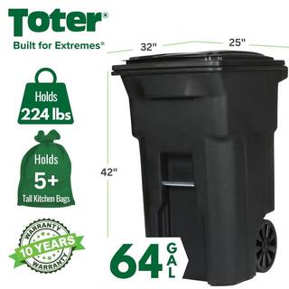 2025 Contenedor de basura exterior Toter de 64 galones con ruedas y tapa fija – Negro