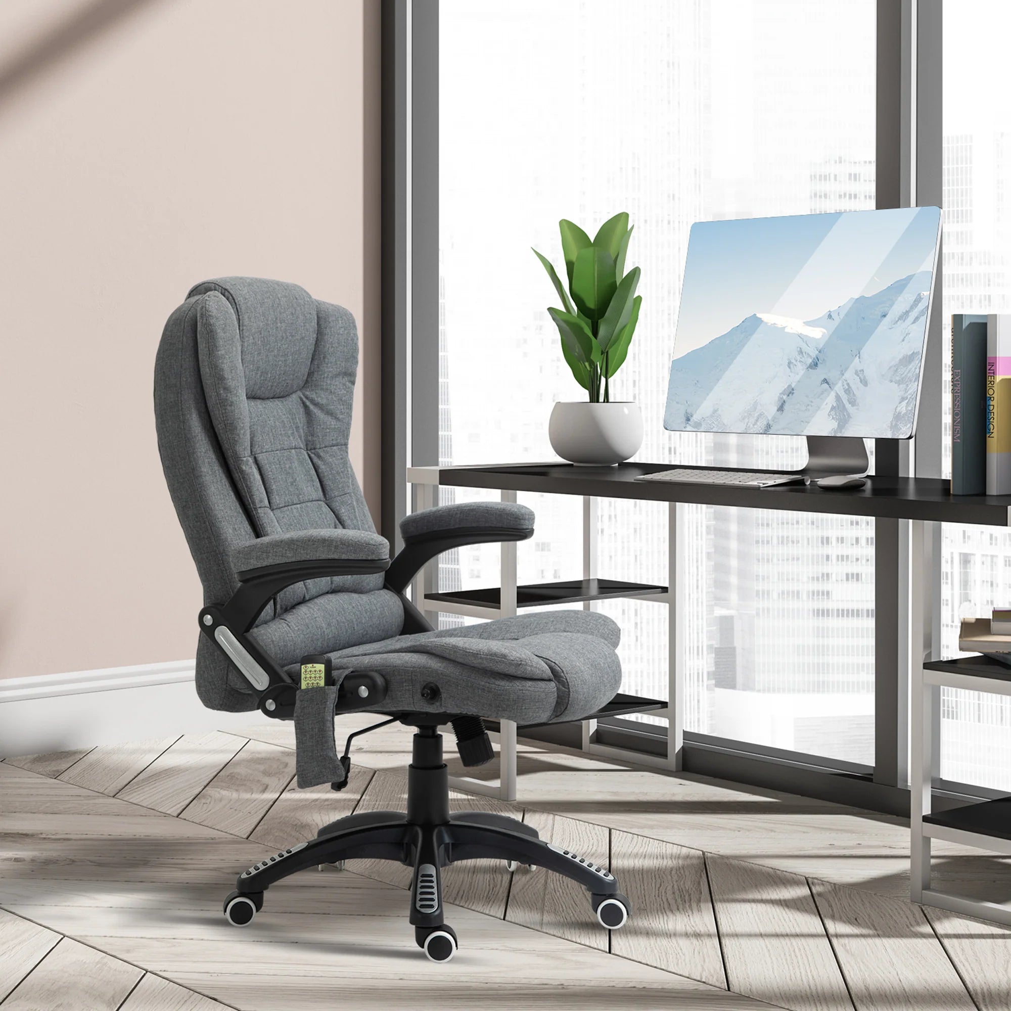 Silla de Oficina Ergonómica con Masaje de 6 Puntos y Calefacción en la Espalda, Tela Tipo Lino, Gris