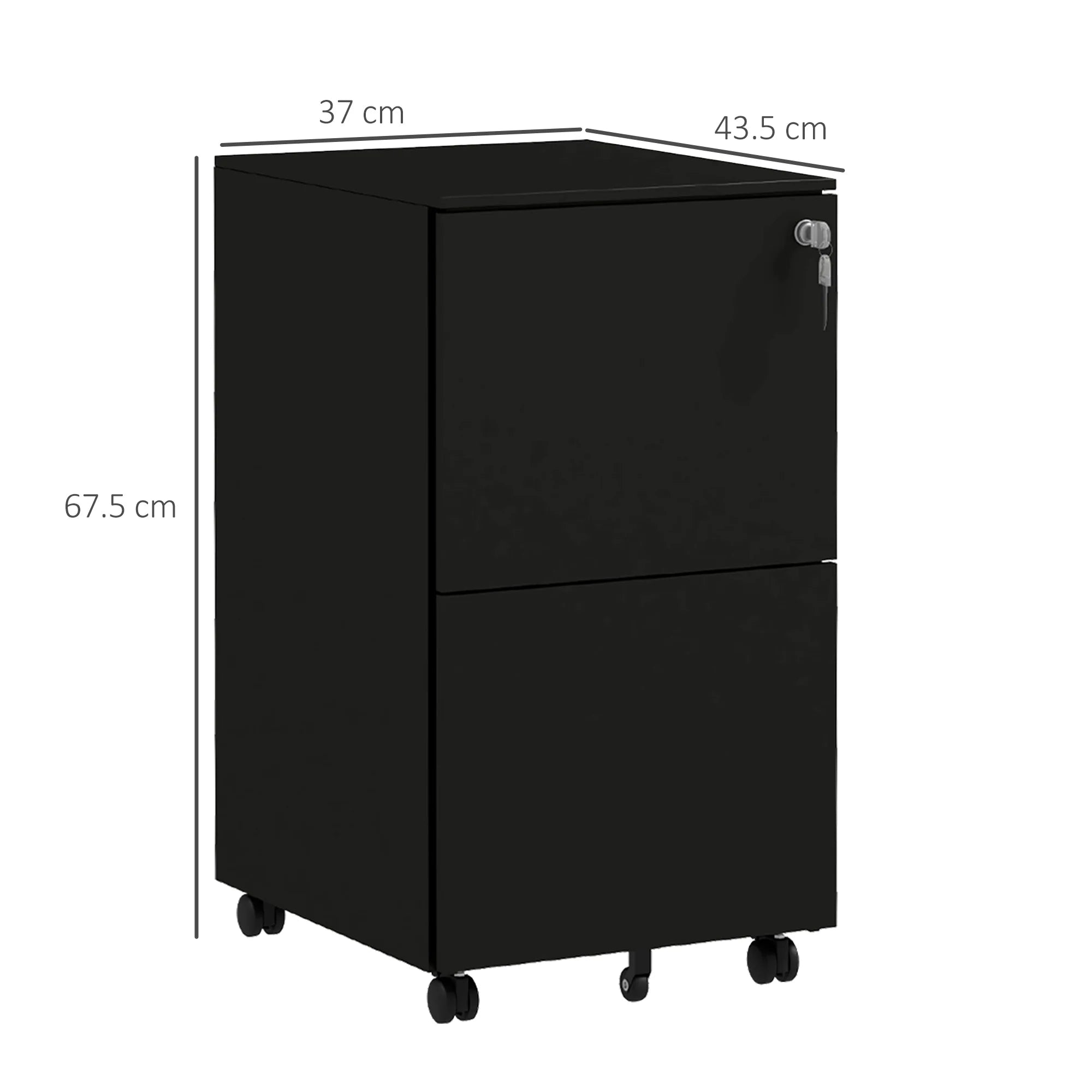 Archivador Móvil de Acero con 2 Cajones y Cerradura, Mueble de Oficina para Debajo del Escritorio, Negro