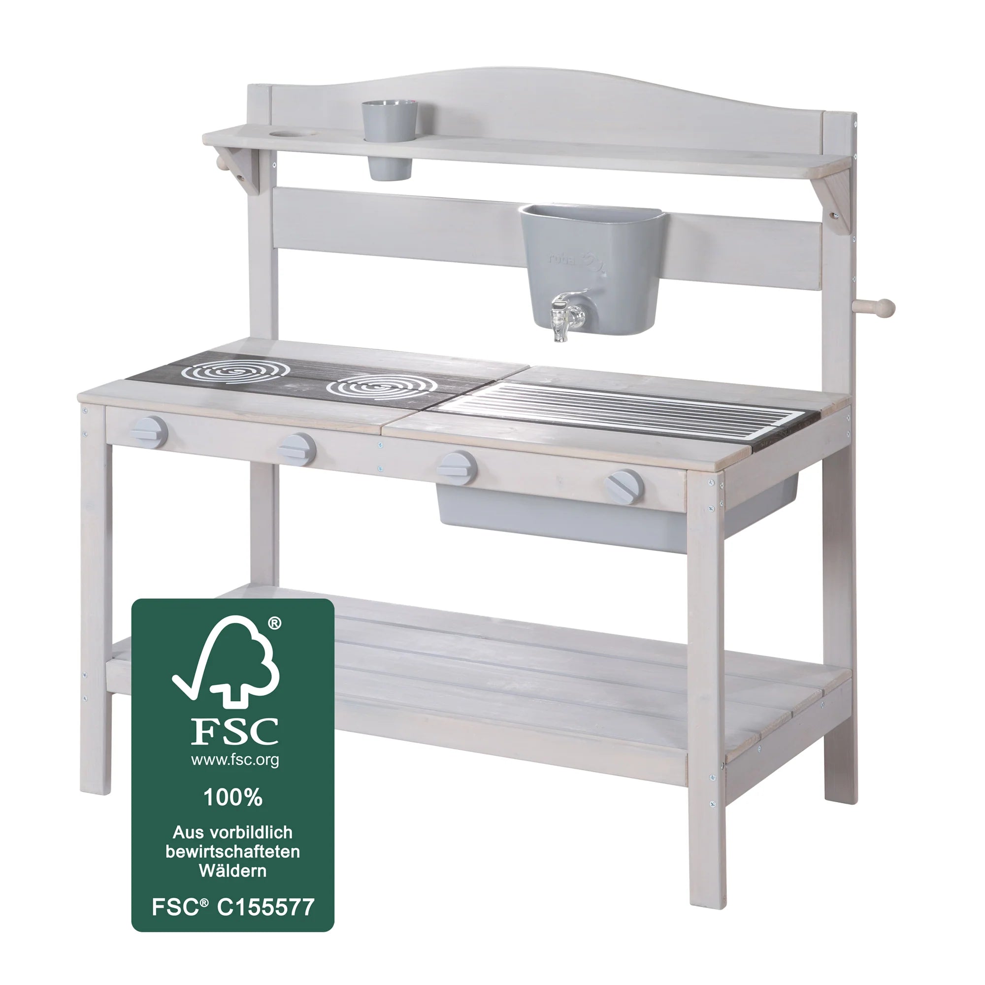 Cocina de barro para exteriores con accesorios - Madera certificada FSC - Acabado en gris grabado