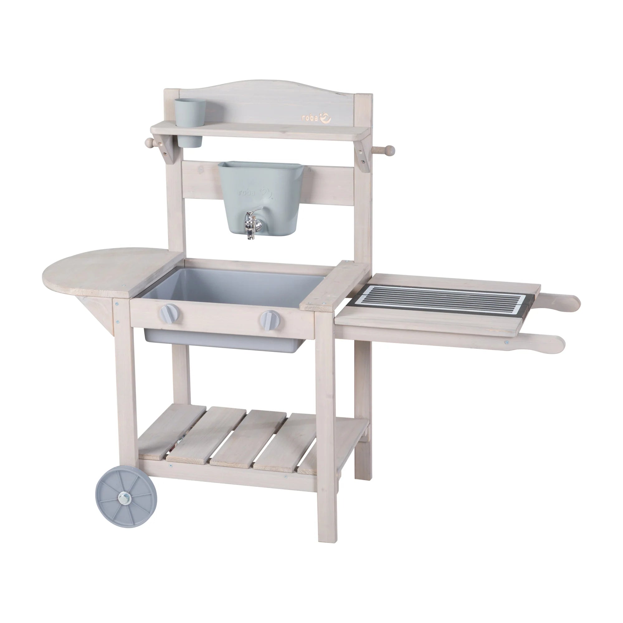 Cocina móvil de juego "Mud & Play BBQ" para niños – Madera certificada FSC – Acabado en gris grabado