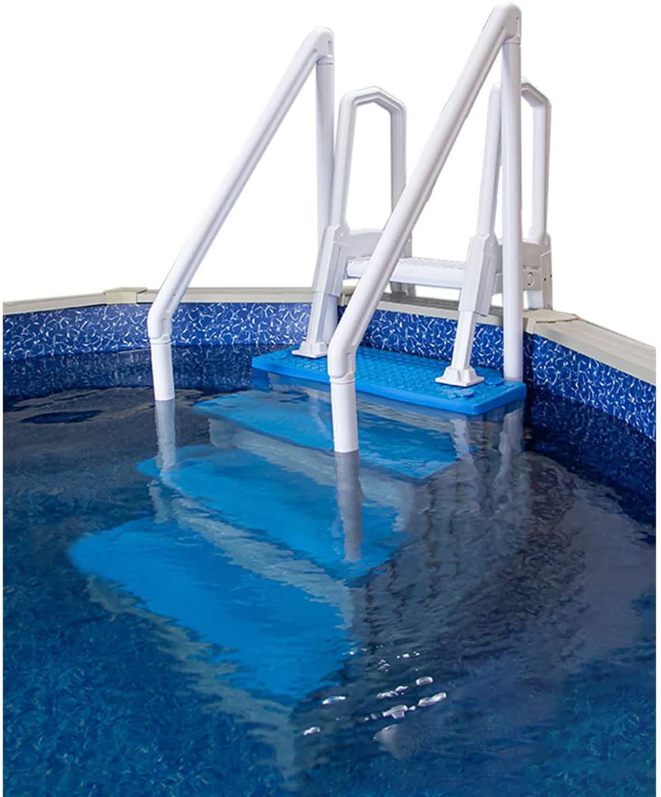 Escalones antideslizantes Aqua Select para piscinas elevadas | Azul | Para piscinas sobre tierra | Se pueden montar en terrazas de 48" a 54" de altura | Escalera de seguridad con capacidad hasta 250 lbs
