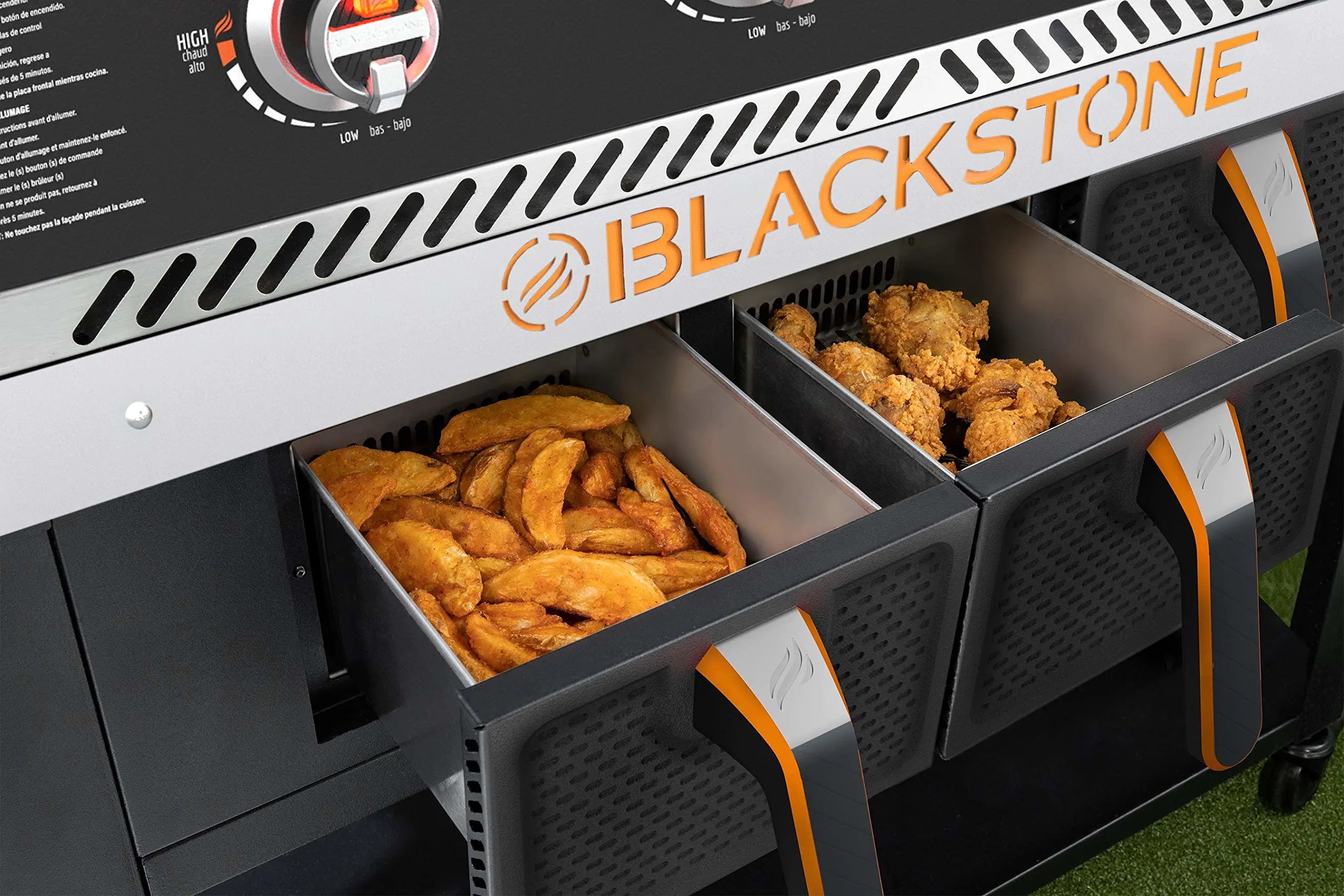 Blackstone 1962 Combo Freidora de Aire + 2 Quemadores con Campana de Acero Inoxidable, Ruedas y Estantes Laterales Dobles – Estación de Cocina Exterior Robusta de 28 Pulgadas para Jardín y Terraza – Negra