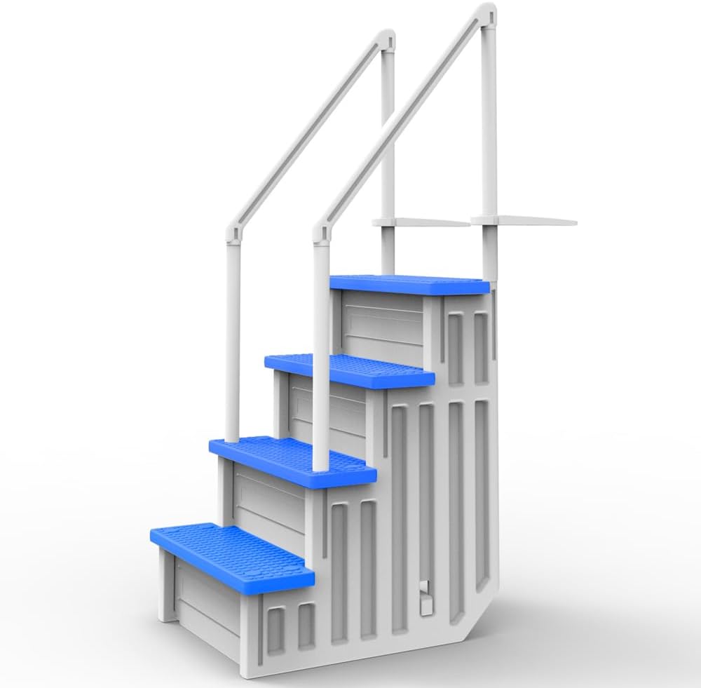 Escalones antideslizantes Aqua Select para piscinas elevadas | Azul | Para piscinas sobre tierra | Se pueden montar en terrazas de 48" a 54" de altura | Escalera de seguridad con capacidad hasta 250 lbs