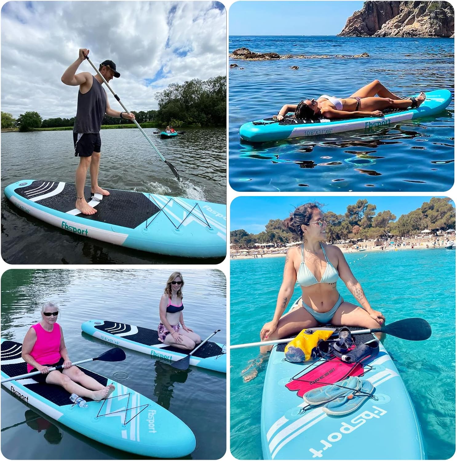 Tabla de Paddle Premium FBSPORT de 11 pulgadas, tabla de yoga con accesorios SUP y bolsa de transporte, postura ancha, control de surf, cubierta antideslizante, correa, remo y bomba para jóvenes y adultos