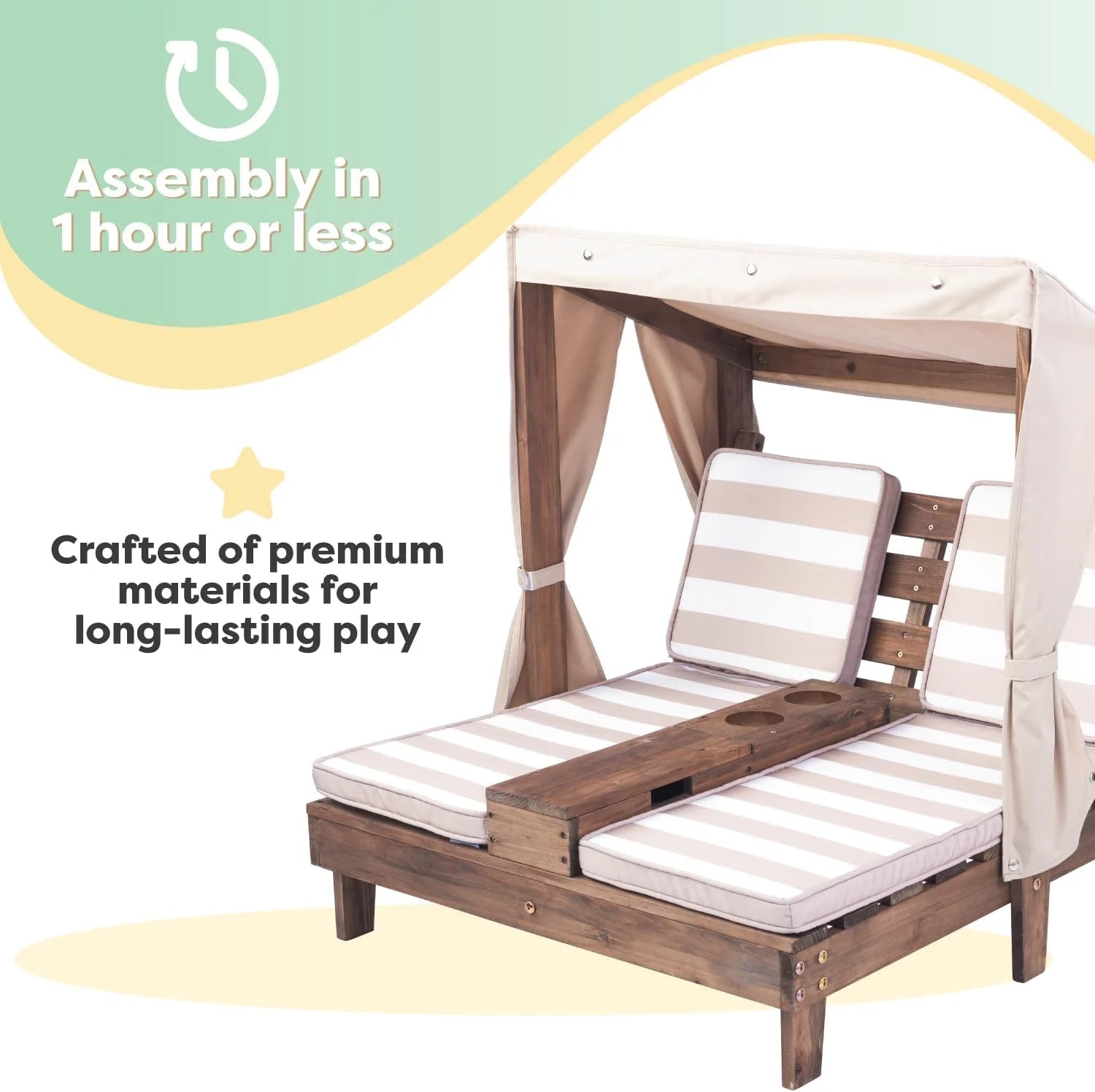 Tumbona Doble de Madera para Niños KidKraft con Porta Vasos, Muebles de Jardín para Niños, Color Miel con Tela a Rayas Azul Marino y Blanco, Regalo para Niños de 3 a 8 Años