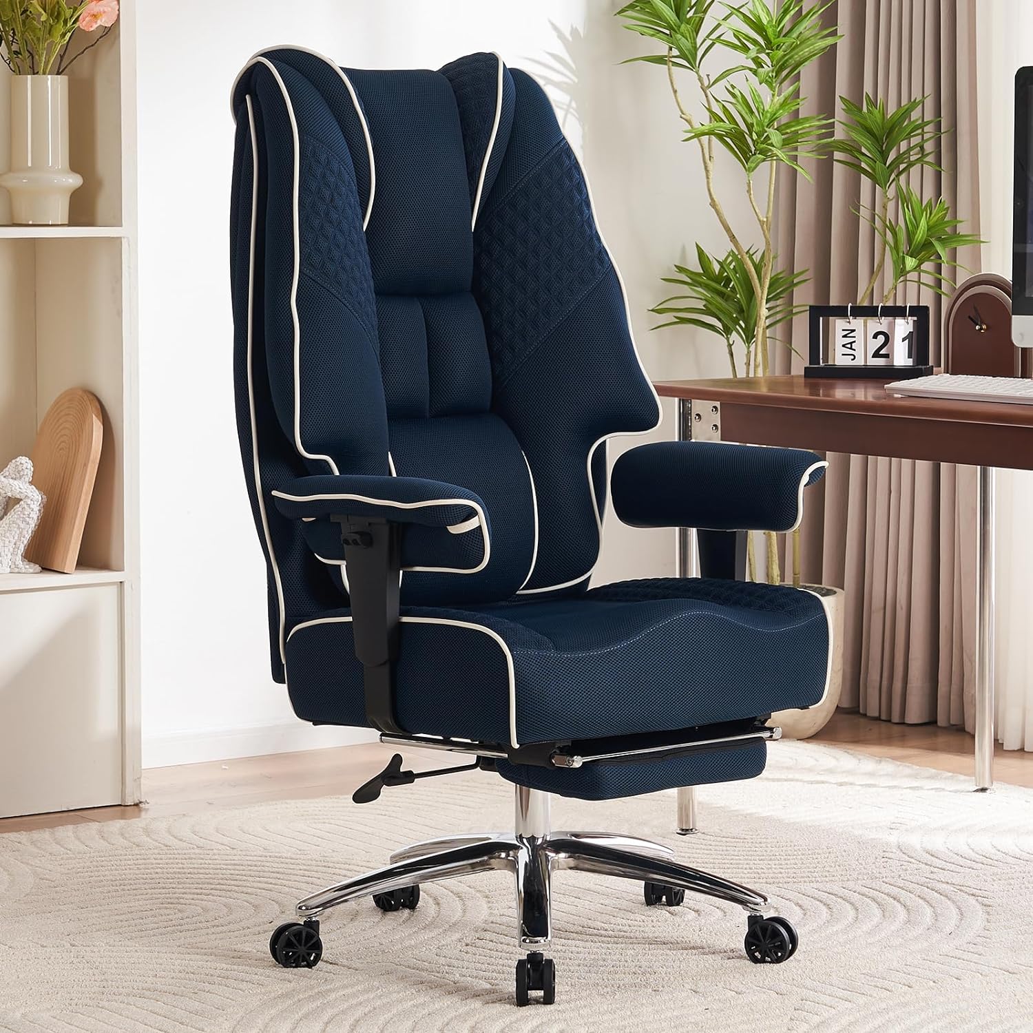Silla de Oficina Alta y Ancha para 400 lbs, Silla Ejecutiva de Cuero con Respaldo Alto y Reposapiés, Silla Ergonómica con Soporte Lumbar para Aliviar el Dolor de Espalda Baja (Beige)