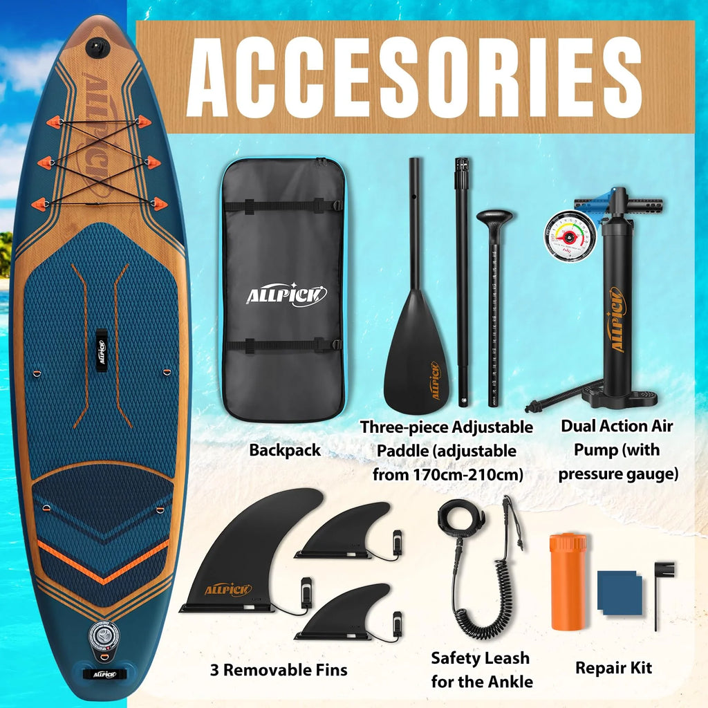 2025 Tabla de Paddle Surf Inflable ALLPICK Premium, Azul Marino – Tabla SUP con Soporte Universal para Cámara, Accesorios Completos, Remo Ajustable, para Principiantes y Avanzados, Capacidad 180 kg