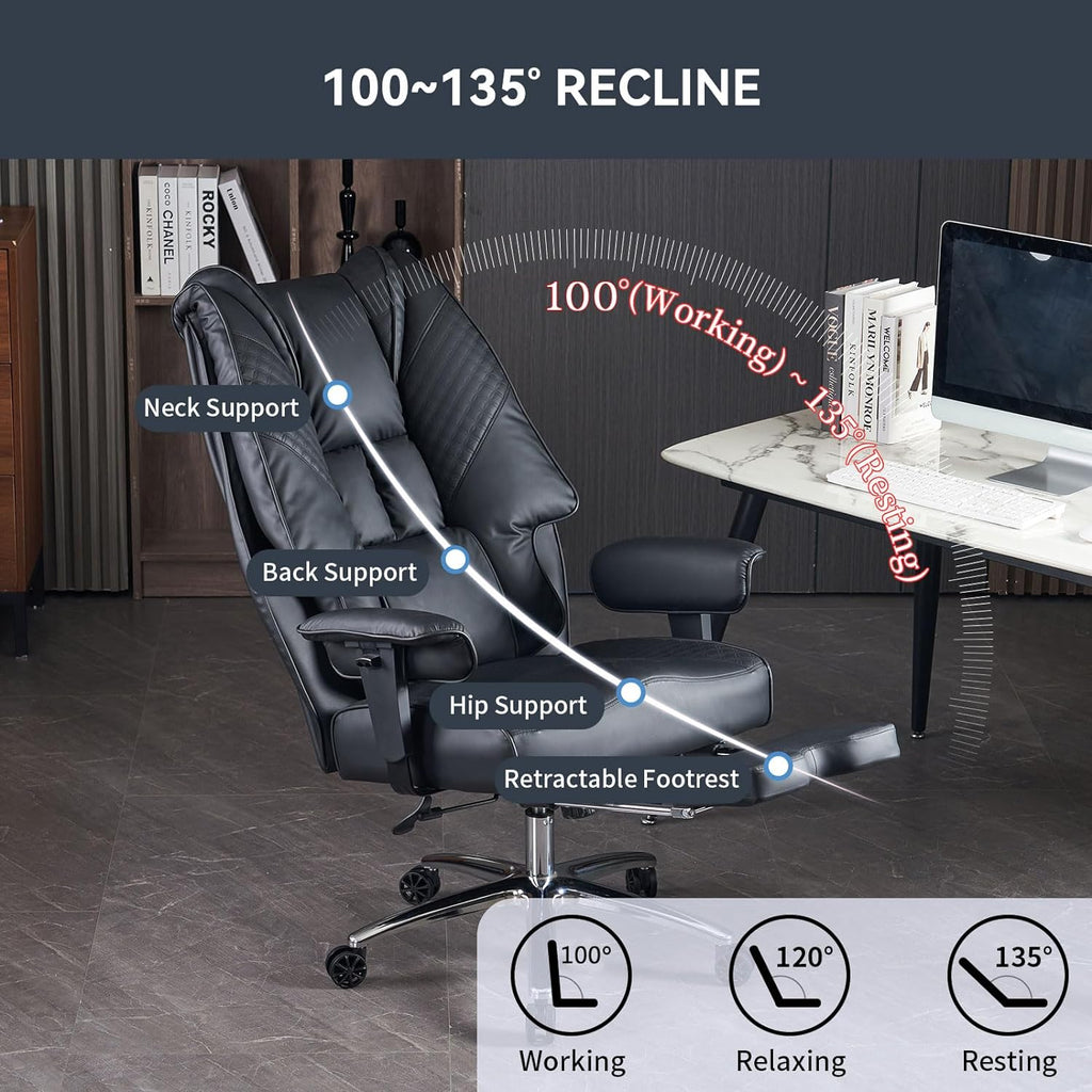 Silla de Oficina Alta y Ancha para 400 lbs, Silla Ejecutiva de Cuero con Respaldo Alto y Reposapiés, Silla Ergonómica con Soporte Lumbar para Aliviar el Dolor de Espalda Baja (Beige)