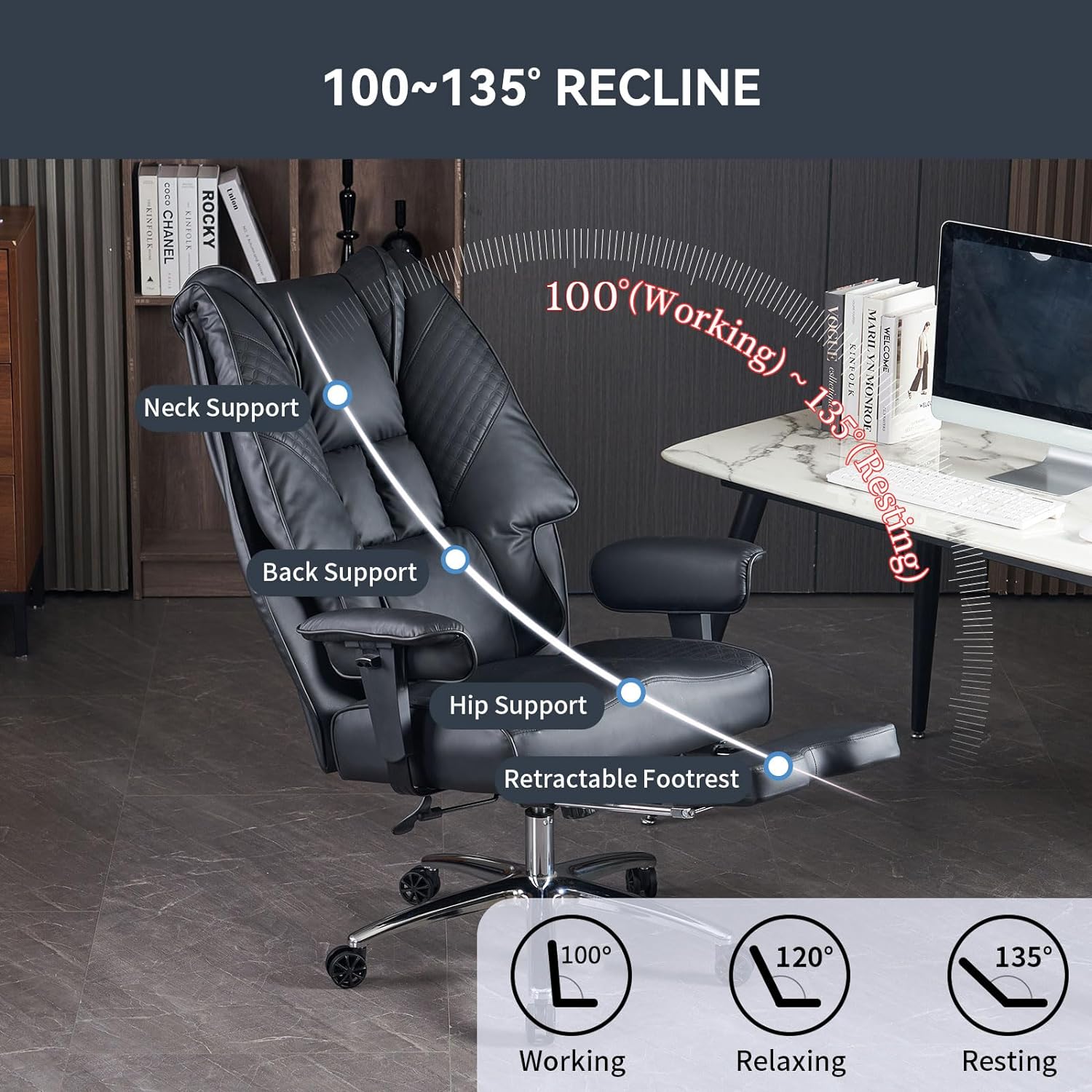 Silla de Oficina Alta y Ancha para 400 lbs, Silla Ejecutiva de Cuero con Respaldo Alto y Reposapiés, Silla Ergonómica con Soporte Lumbar para Aliviar el Dolor de Espalda Baja (Beige)