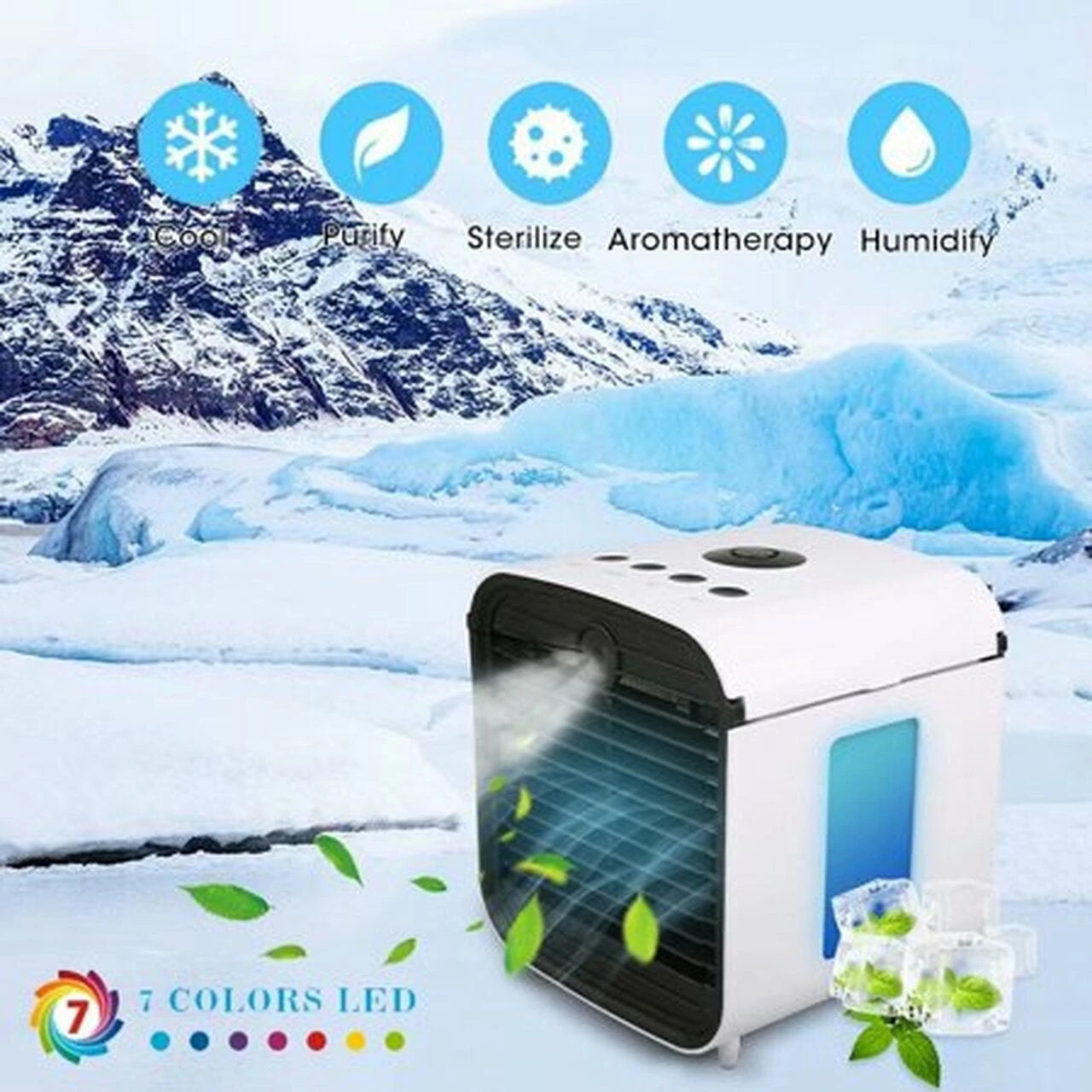Mini Ventilador Multifuncional de Aire Acondicionado con LED, Humidificador, Purificador de Aire con Batería