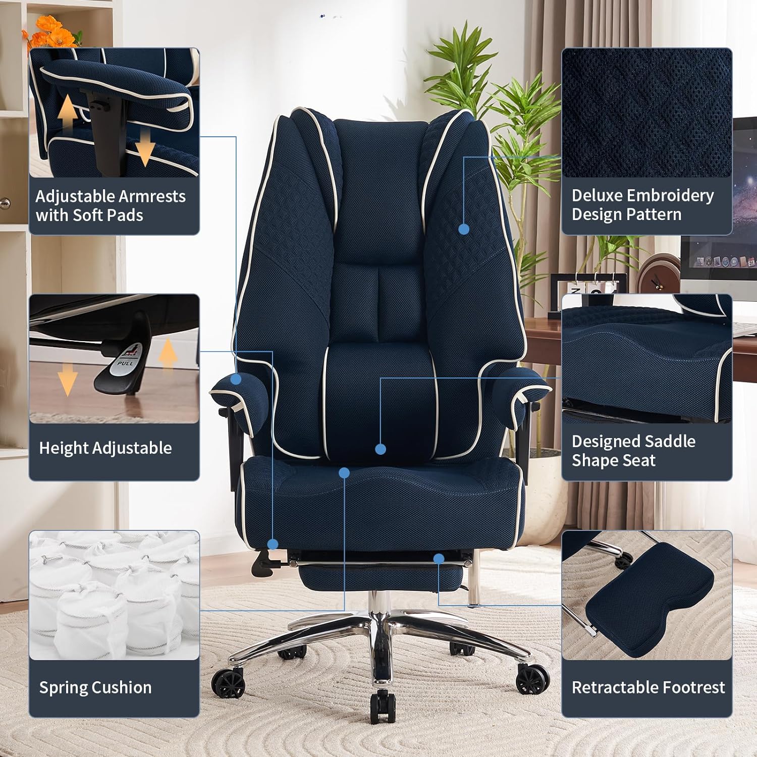 Silla de Oficina Alta y Ancha para 400 lbs, Silla Ejecutiva de Cuero con Respaldo Alto y Reposapiés, Silla Ergonómica con Soporte Lumbar para Aliviar el Dolor de Espalda Baja (Beige)
