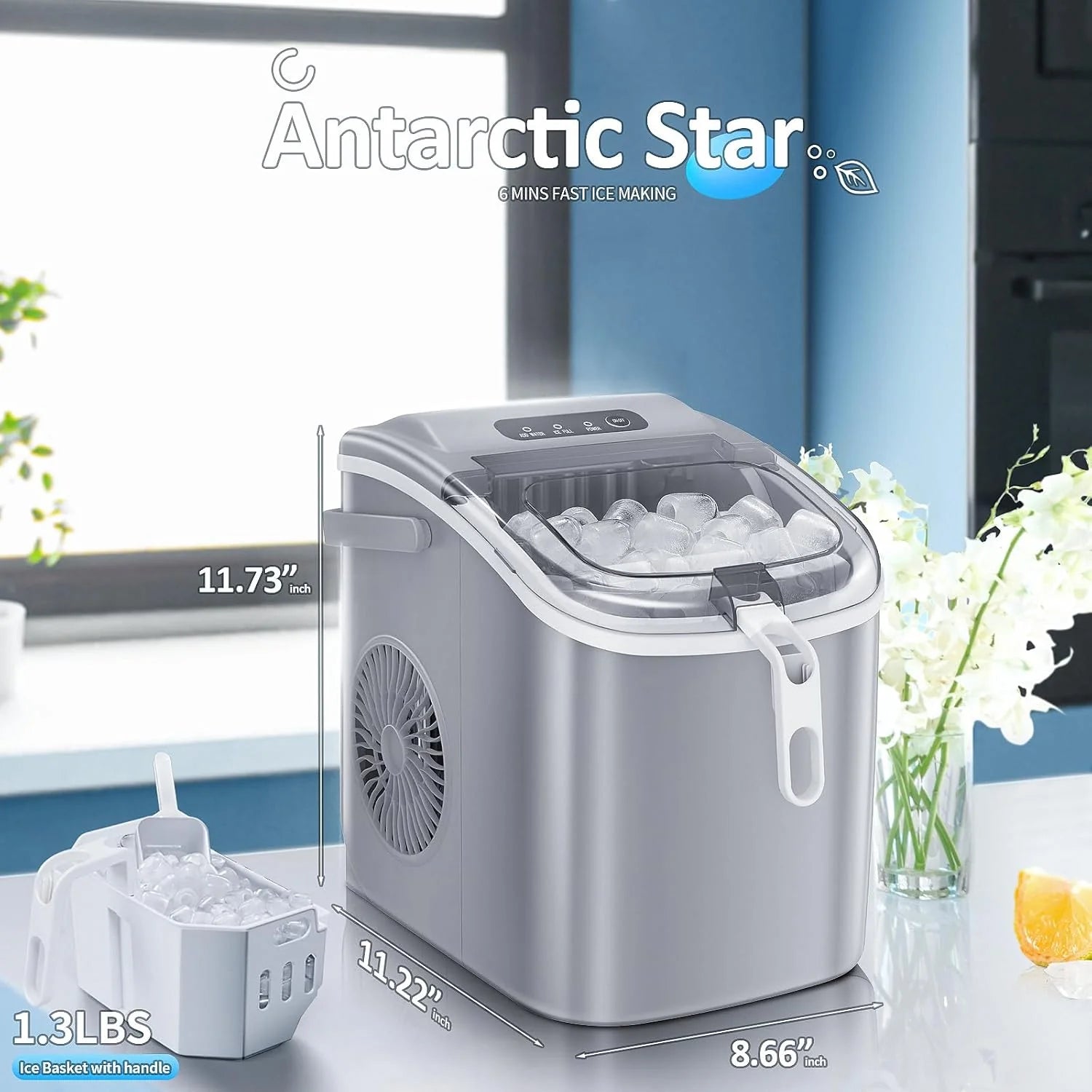 2025 Máquina de hielo tipo nugget para encimera, hielo en trozos masticables, 15 kg/24 h, autolimpiante, hielo sónico, operación con un solo botón, para cocina u oficina, acero inoxidable plateado