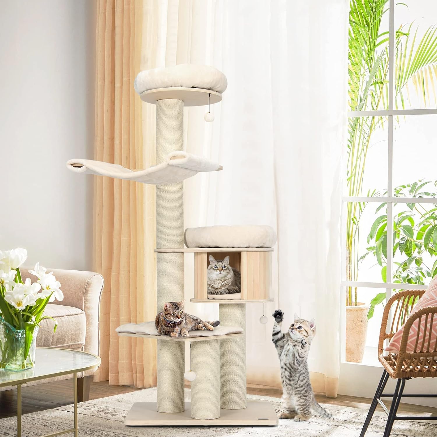Árbol para Gatos Grande, Torre de Múltiples Niveles con Poste de Sisal, Hamaca, Cesta Colgante y Alfombrillas Desmontables y Lavables, Perfecto para Gatos Grandes
