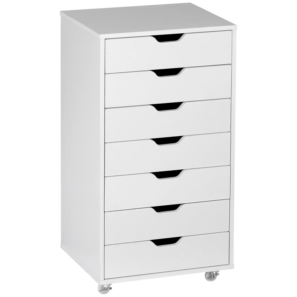 Cajonera Vertical de 7 Cajones, Mueble de Oficina Móvil con Ruedas, Blanco
