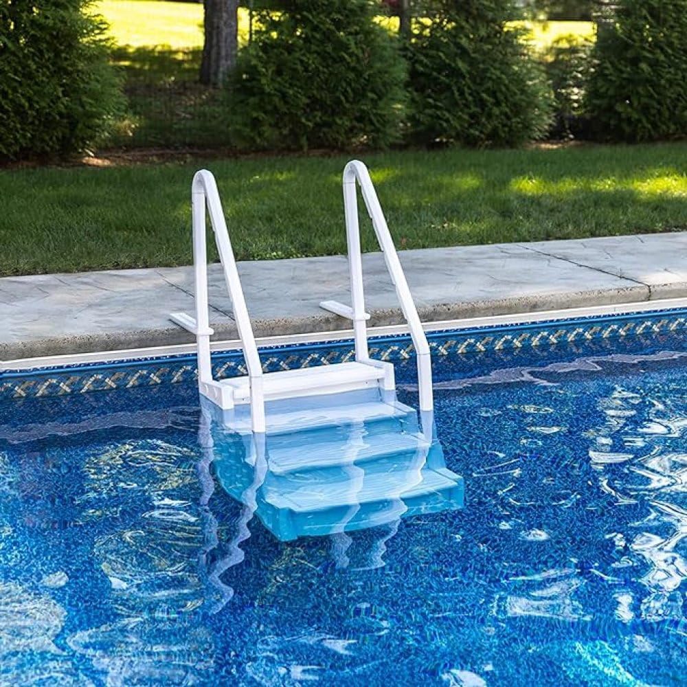 Escalones antideslizantes Aqua Select para piscinas elevadas | Azul | Para piscinas sobre tierra | Se pueden montar en terrazas de 48" a 54" de altura | Escalera de seguridad con capacidad hasta 250 lbs
