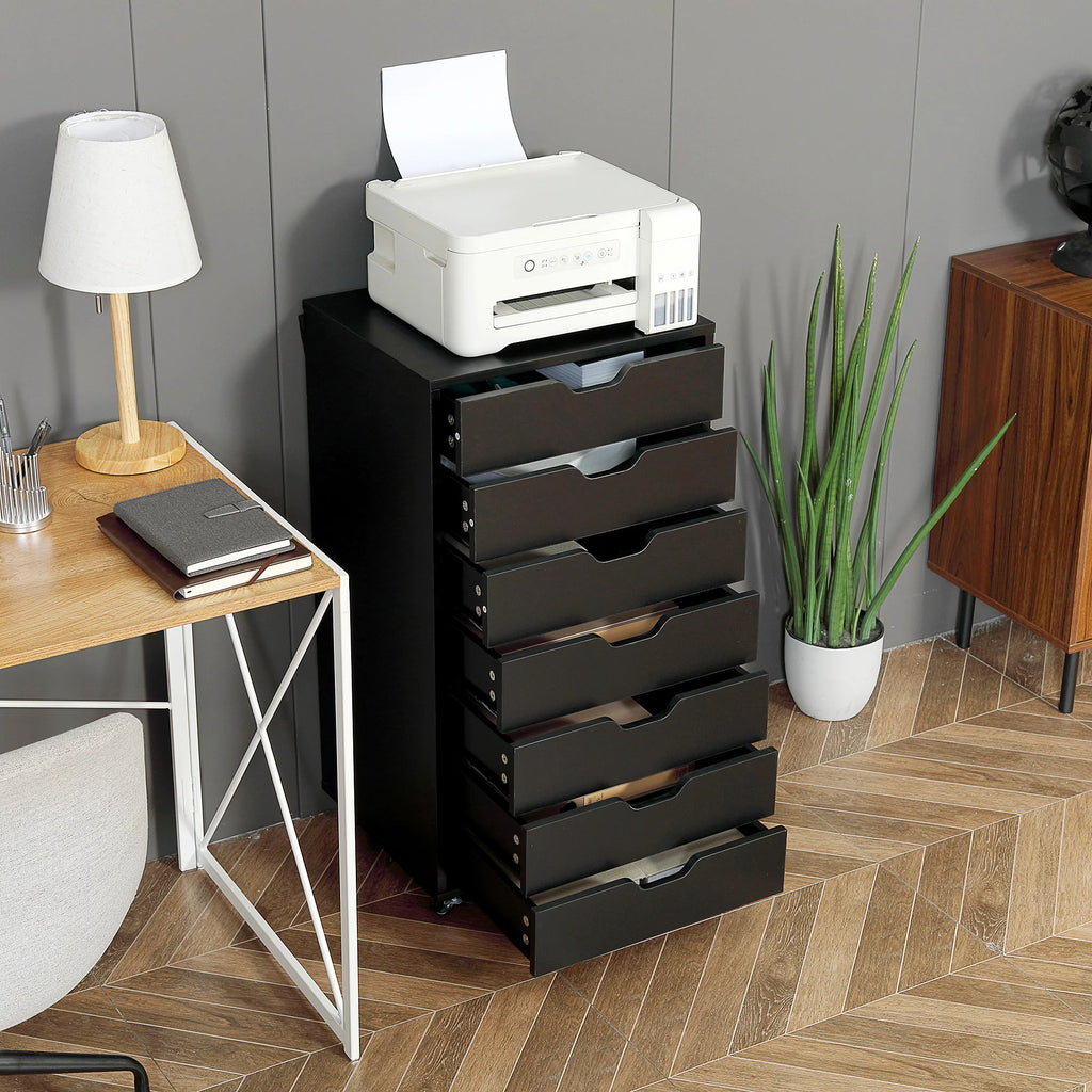 Cajonera Vertical de 7 Cajones, Mueble de Oficina Móvil con Ruedas, Negro
