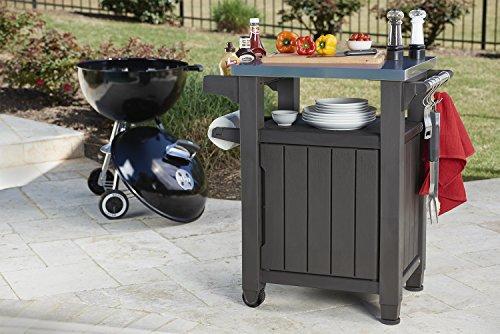 Mesa Portátil de Exterior y Armario de Almacenamiento Keter Unity con Ganchos para Accesorios de Parrilla - Superficie Superior de Acero Inoxidable para Isla de Cocina de Patio o Carrito de Bar, Color Espresso Brown