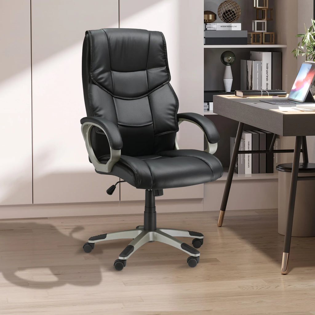 Silla de Oficina con Respaldo Alto, Sillón Giratorio de Cuero Sintético con Altura Ajustable, Negro