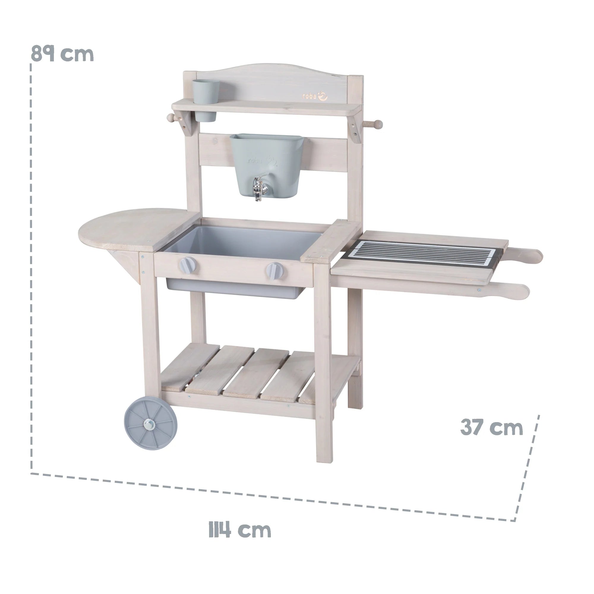 Cocina móvil de juego y barro BBQ para niños – Madera certificada FSC – Acabado en gris grabado