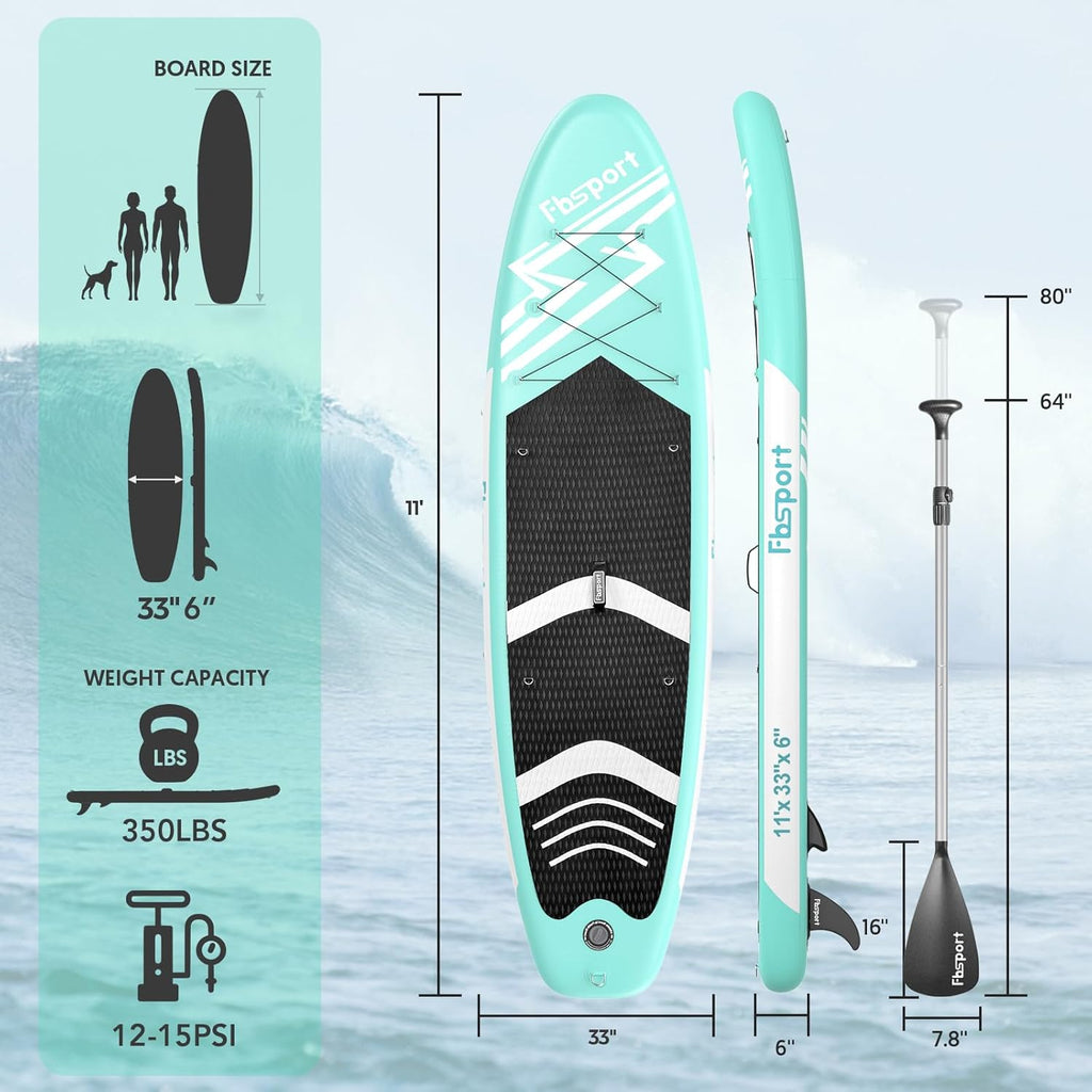 Tabla de Paddle Premium FBSPORT de 11 pulgadas, tabla de yoga con accesorios SUP y bolsa de transporte, postura ancha, control de surf, cubierta antideslizante, correa, remo y bomba para jóvenes y adultos