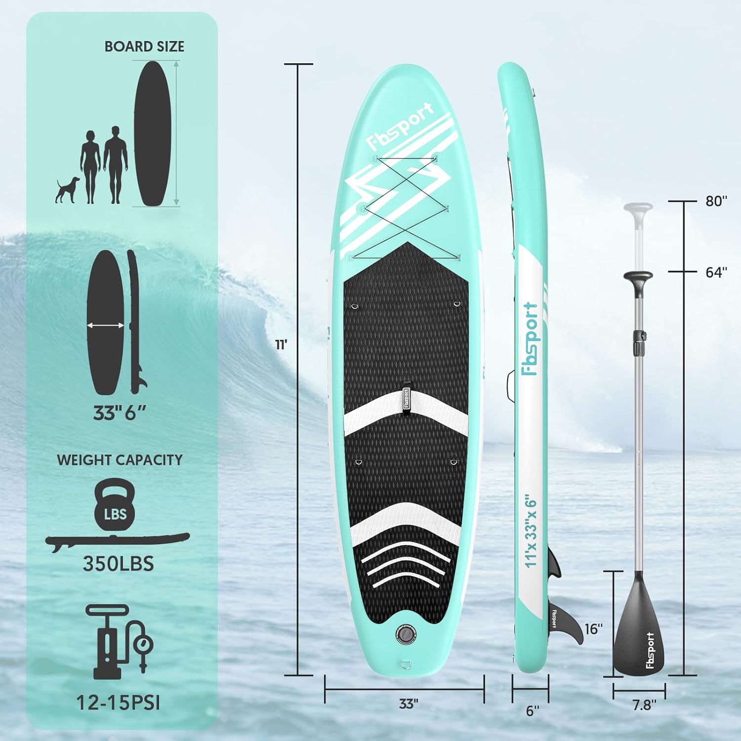 Tabla de Paddle Premium FBSPORT de 11 pulgadas, tabla de yoga con accesorios SUP y bolsa de transporte, postura ancha, control de surf, cubierta antideslizante, correa, remo y bomba para jóvenes y adultos