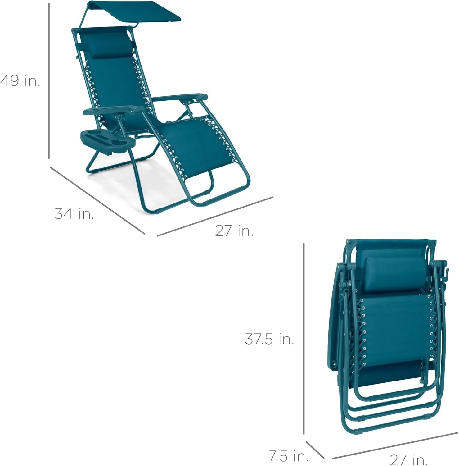 Best Choice Products – Silla Reclinable de Patio con Gravedad Cero, Ajustable y Plegable para Exteriores con Dosel, Almohada Cervical y Bandeja Lateral, Textileno – Azul Pavo Real