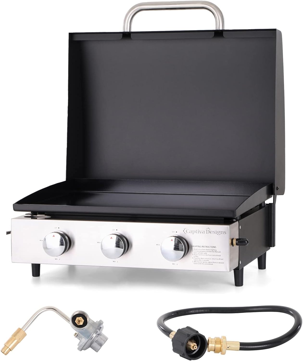 2025 Parrilla a Gas con Quemador Lateral y Parrilla de Hierro Fundido Esmalte Porcelánico 42,000 BTU, Parrilla Portátil de Acero Inoxidable, Propano