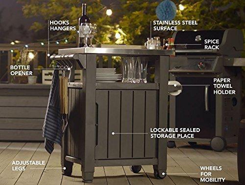 Mesa Portátil de Exterior y Armario de Almacenamiento Keter Unity con Ganchos para Accesorios de Parrilla - Superficie Superior de Acero Inoxidable para Isla de Cocina de Patio o Carrito de Bar, Color Espresso Brown