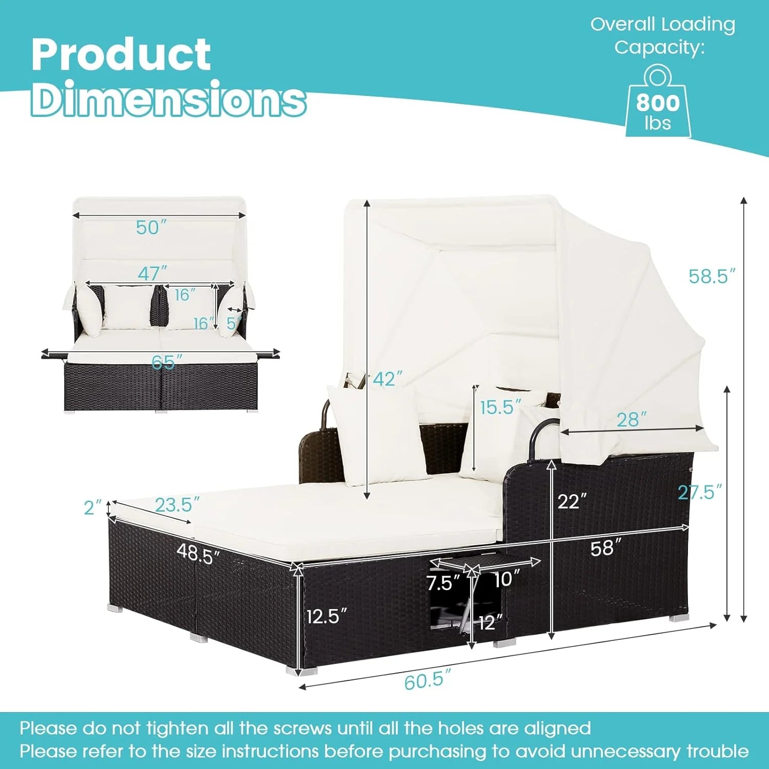 RELAX4LIFE Cama de Jardín Exterior con Dosel, Tumbona de Resina Trenzada con Cojines, 4 Almohadas y 2 Bandejas Laterales Retráctiles, Cama Lounge para 2 Personas para Piscina, Porche, Jardín, Cama de Exterior de Ratán (Turquesa)