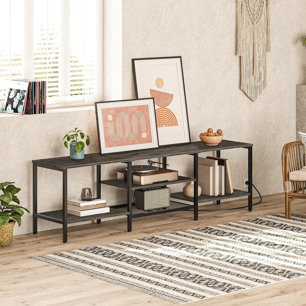 Mueble para TV con Enchufes Integrados para TVs de hasta 75 Pulgadas, Mesa Consola con Estantes Abiertos, Centro de Entretenimiento Industrial para Sala o Dormitorio, Color Marrón Rústico y Negro BF60DS01
