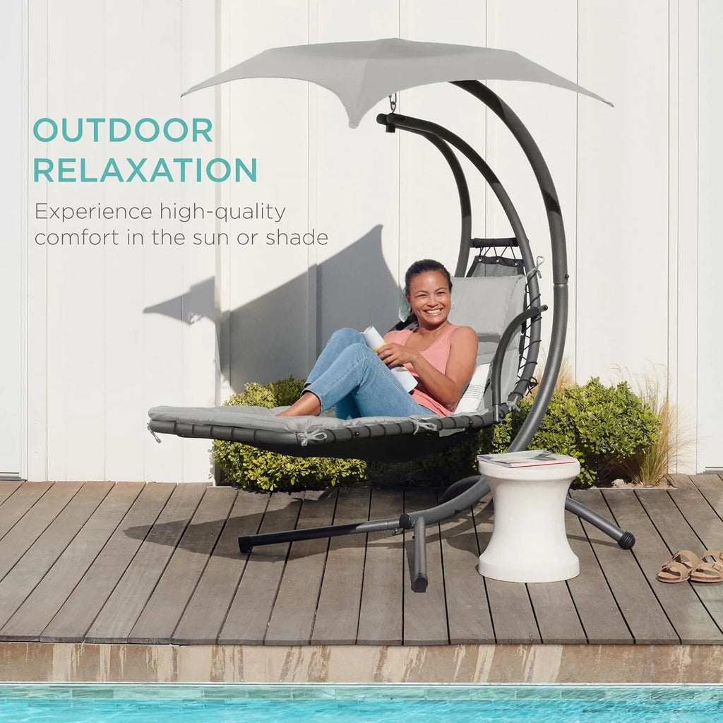 Chaise Longue Suspendue de Exterior Best Choice Products – Silla Balancín Curvada de Acero con Cojín Integrado y Toldo Desmontable – Gris Carbón
