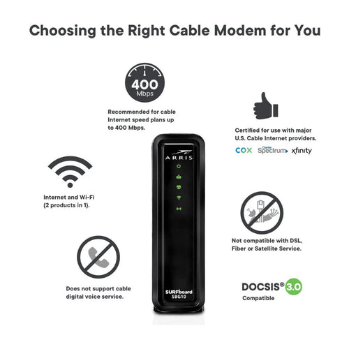 2025 Arris SURFboard SBG10 Módem de Cable DOCSIS 3.0 y Router Wi-Fi Dual Band AC1600