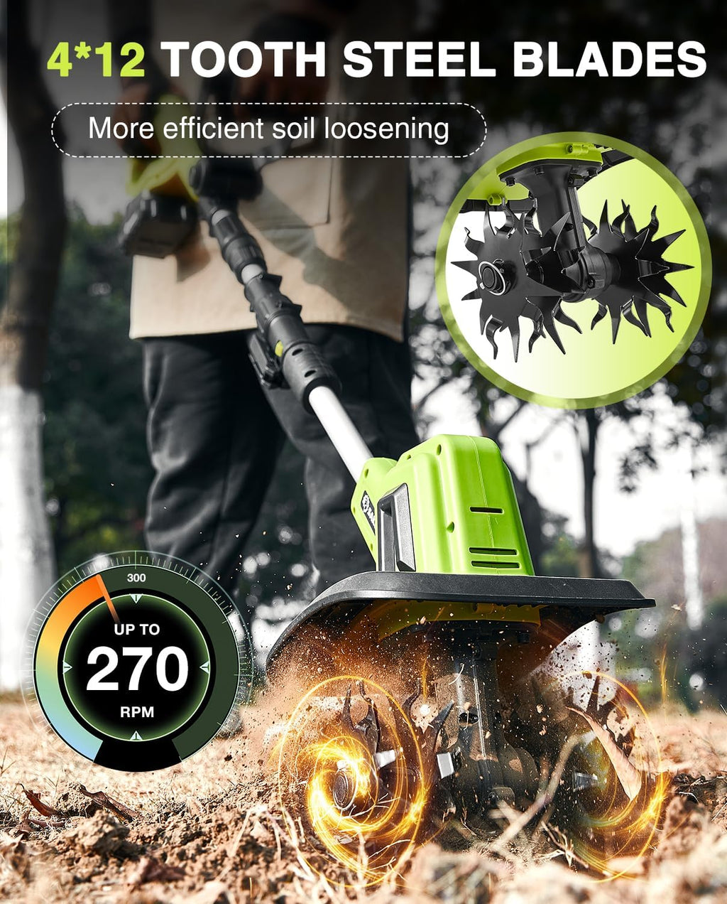 Motobineuse Électrique Sans Fil Saker 22V, Motoculteur Léger pour Jardinage, Largeur de Labour 9 pouces, Profondeur 6,3 pouces pour Préparation du Sol, Désherbage et Jardinage, avec 2 Batteries SK-TC18B