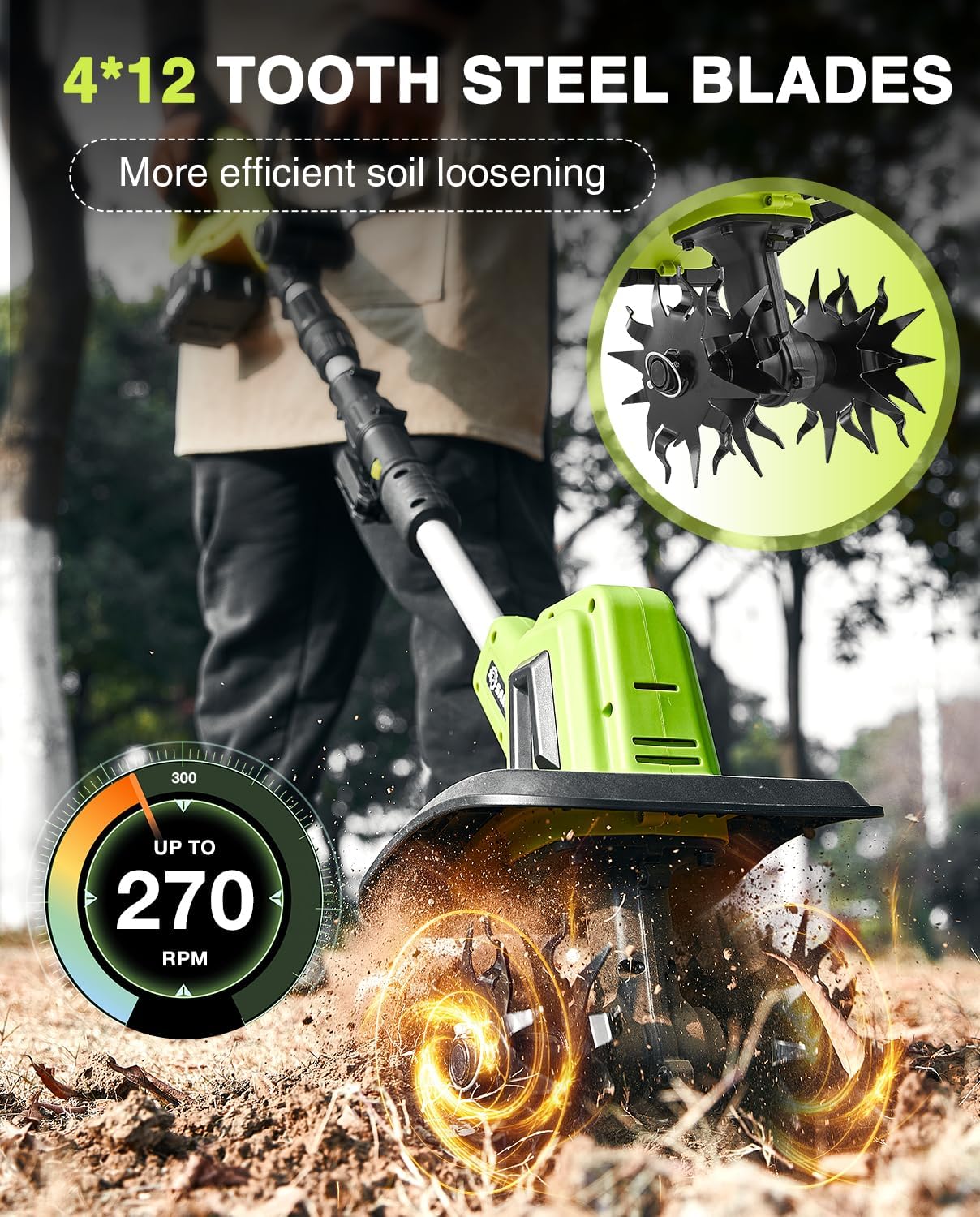 Motobineuse Électrique Sans Fil Saker 22V, Motoculteur Léger pour Jardinage, Largeur de Labour 9 pouces, Profondeur 6,3 pouces pour Préparation du Sol, Désherbage et Jardinage, avec 2 Batteries SK-TC18B