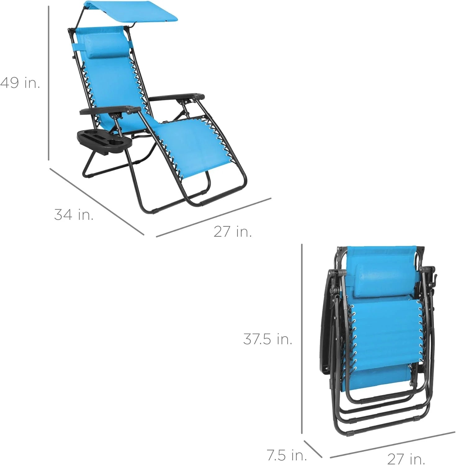 Best Choice Products – Silla Reclinable de Patio con Gravedad Cero, Ajustable y Plegable para Exteriores con Dosel, Almohada Cervical y Bandeja Lateral, Textileno – Azul Pavo Real