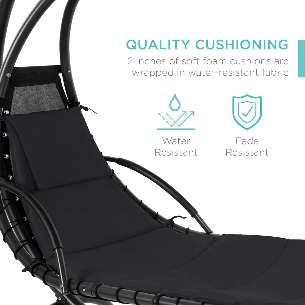Chaise Longue Suspendue de Exterior Best Choice Products – Silla Balancín Curvada de Acero con Cojín Integrado y Toldo Desmontable – Gris Carbón