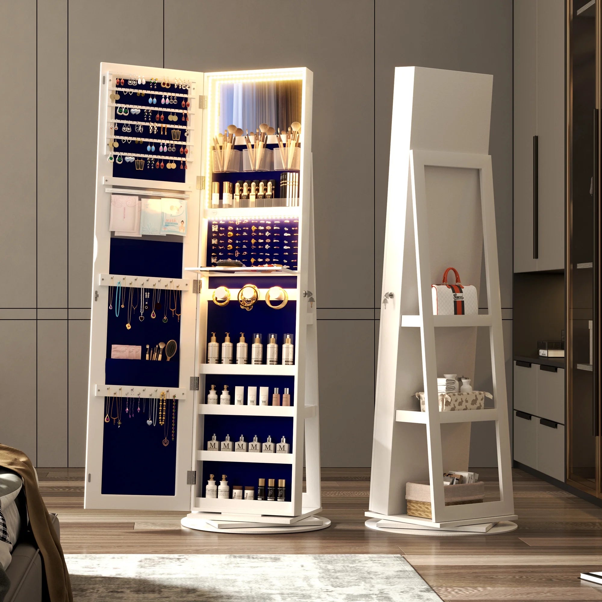 Joyero giratorio LVSOMT con luz LED y espejo de cuerpo entero: almacenamiento elegante de 360°
