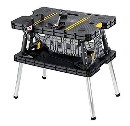 Keter – Mesa de Trabajo Plegable para Banco de Sierra de Ingletes, Herramientas y Accesorios de Carpintería con Abrazaderas de Madera de 12 Pulgadas Incluidas – Almacenamiento Fácil para el Garaje, Negro/Amarillo